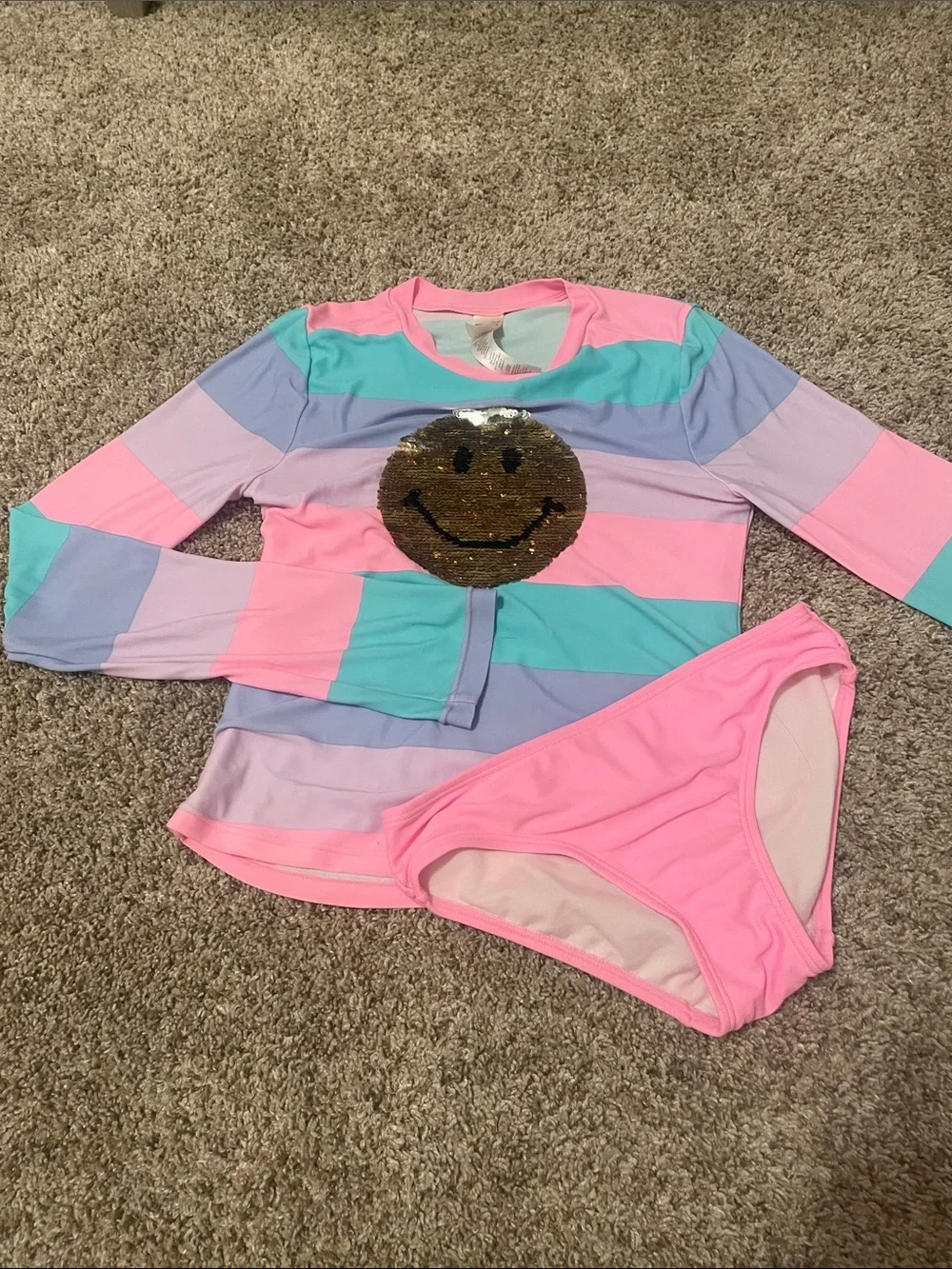 OshKosh B'gosh Pink, Aqua & Lavender Colorblock Sequin Smile Swim Set. Girls 10